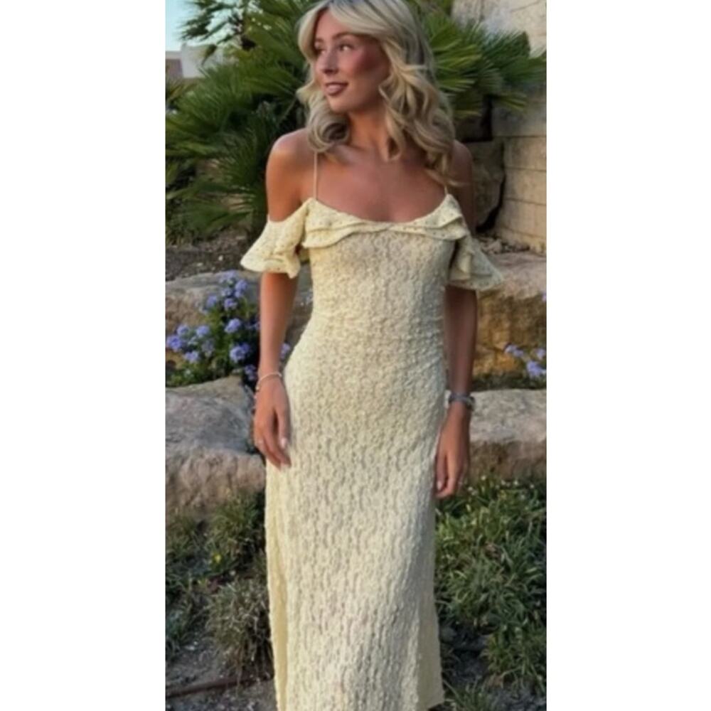Zara Yellow Studded Lace Off the Shoulder Midi Dress Size Medium